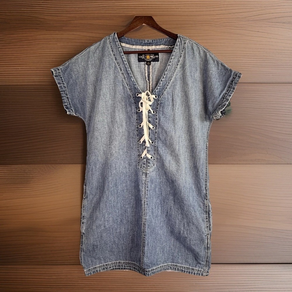 Lucky Brand Denim Shift Dress M Lace Up Pockets 100% Cotton Cowgirl Grunge Sexy